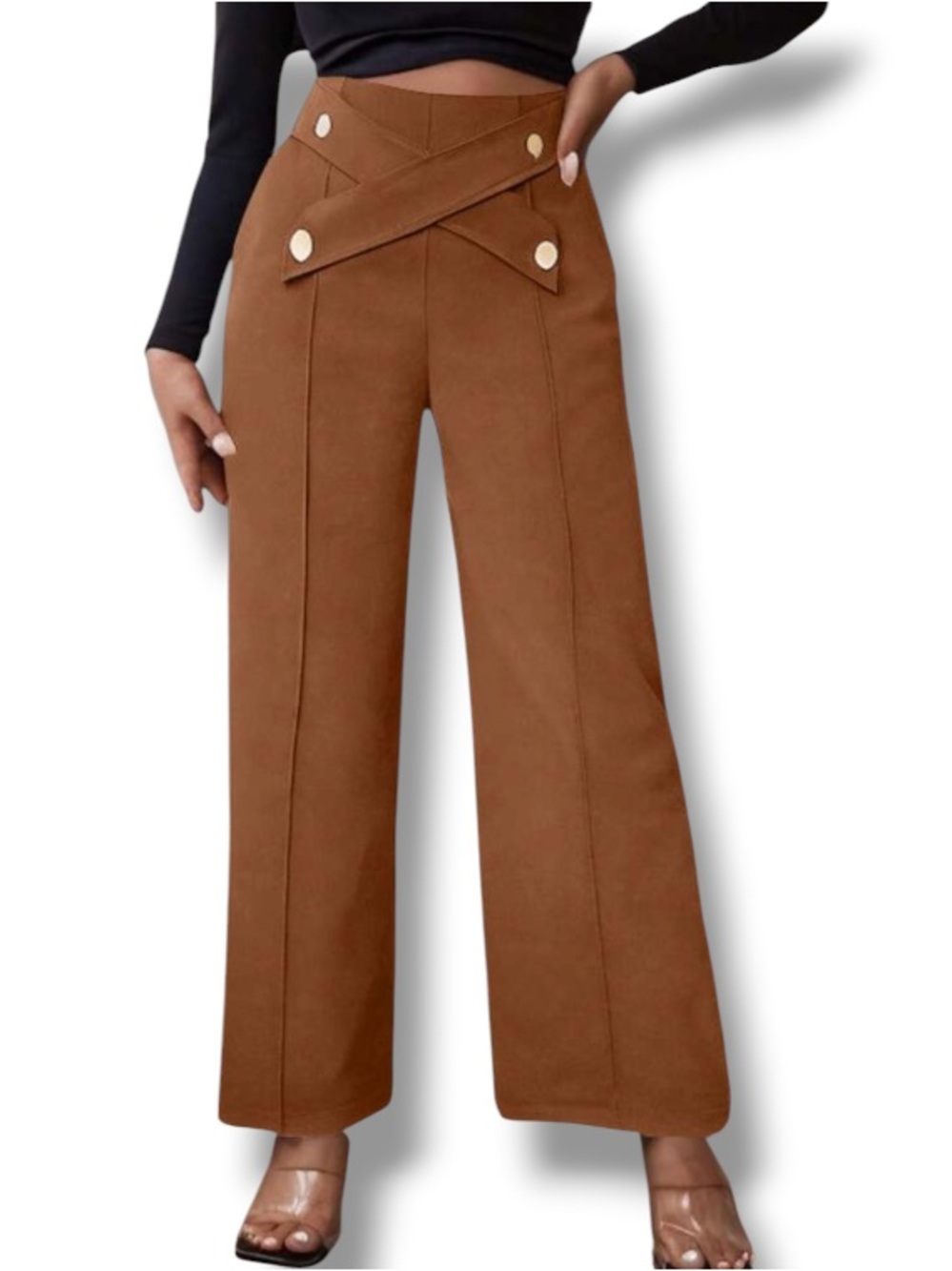 Shein Women’s Calvaya Waist Button Crossed Design Casual Brown Fall Pants